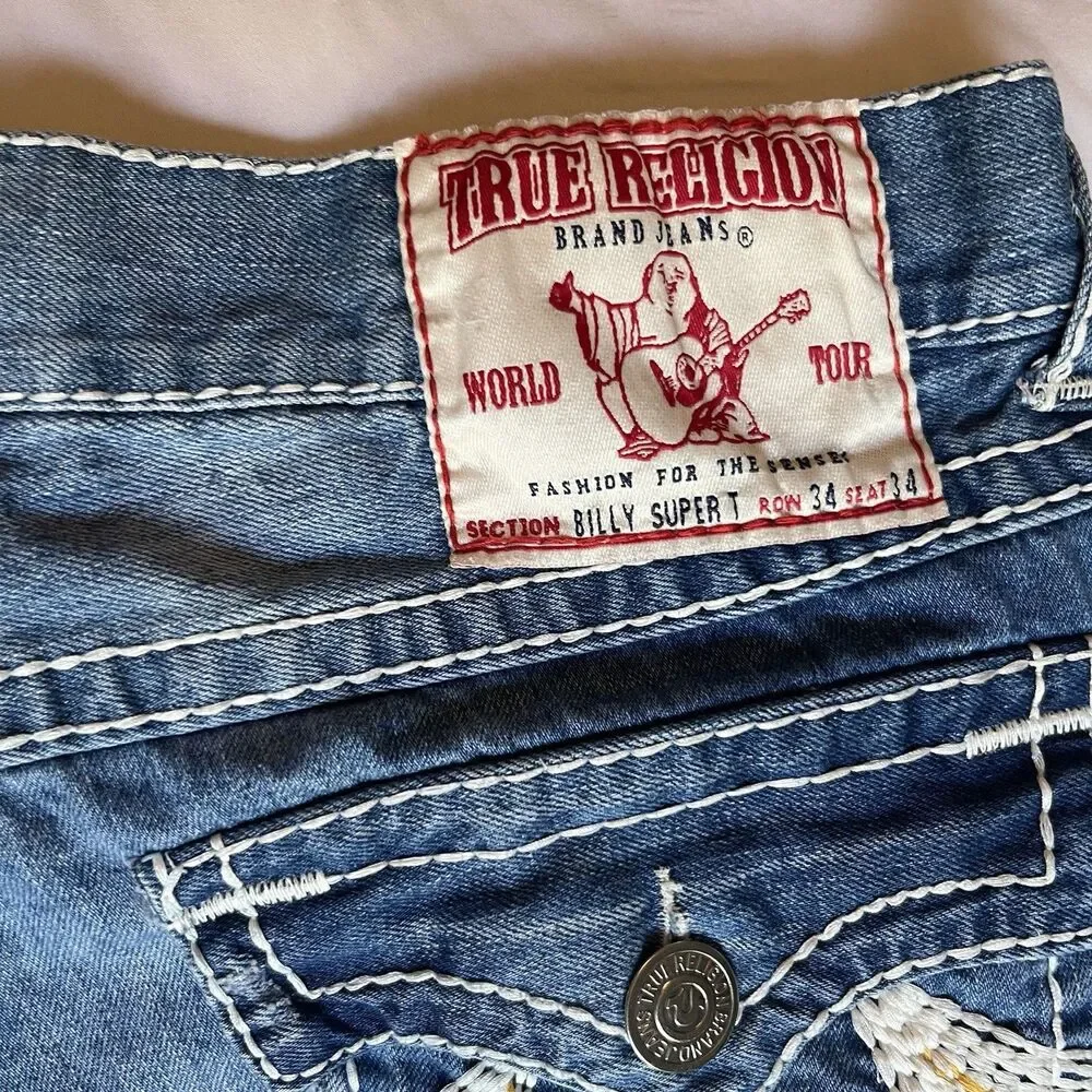True Religion Billy Super T Jeans Mens Tag 34 (36x35) Bootcut USA White Stitch
